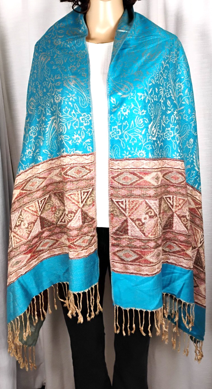 Turquoise Boho Wrap Shawl Reversible Fringe Paisley Floral Oversized Pashmina